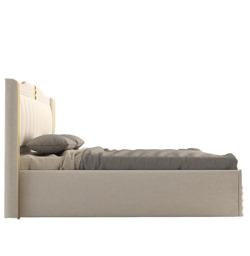 Image of Modern Upholstered Queen Size Bed with Storage | Double Bed with Box Storage & Upholstery Premium Fabric Headboard | Platform Bed for Bedroom & Hotel | Sheesham Wood | White, 6.5 x 5 Ft