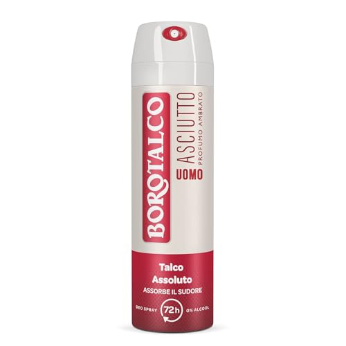 Borotalco, Deodorante Uomo Spray Asciutto Ambrato, Formula Senza Alcool con Talco Assoluto, Assorbe il Sudore, Profumo Ambrato, 72h di Efficacia, 150 ml