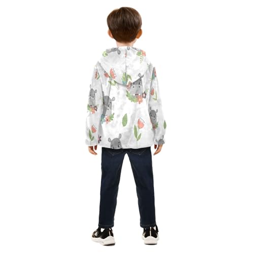 Cute Hippo Floral Pattern Toddler Fleece Jacket Girl Boys Hooded Fleece Jacket Coat Warm Outwear Zip-up 3-10T4