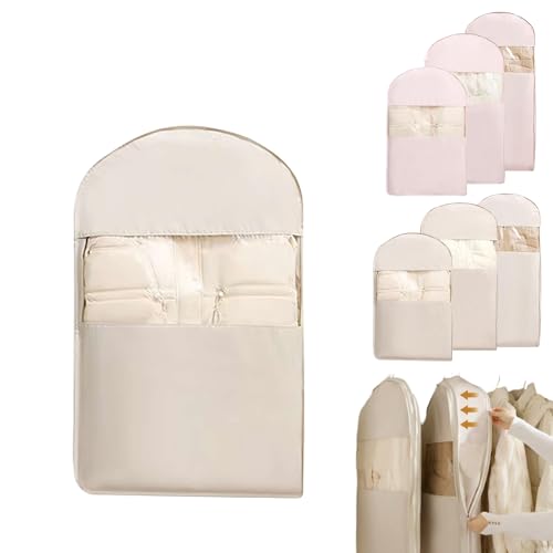 Space Saving Hanging Garment Bag with Self Compression Zipper, Heavy Duty Space Saver Closet Organizer Dust Cover for Down Coats Winter Jackets,Ultra Slim Storage Clothes Bags for Wardrobe (Beige S)
