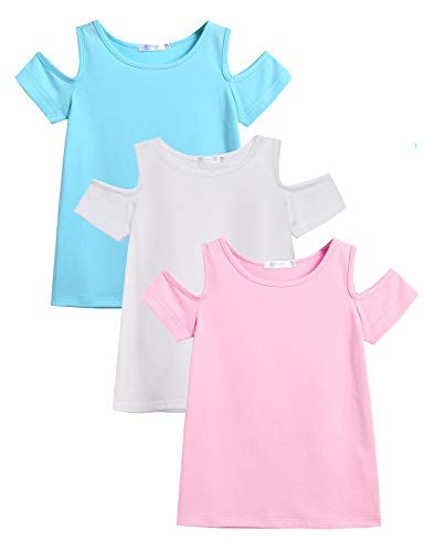 Arshiner 3 Pack Girls Crew Neck Tee Casual Solid Short-Sleeve T-Shirt Top with Cold Shoulder