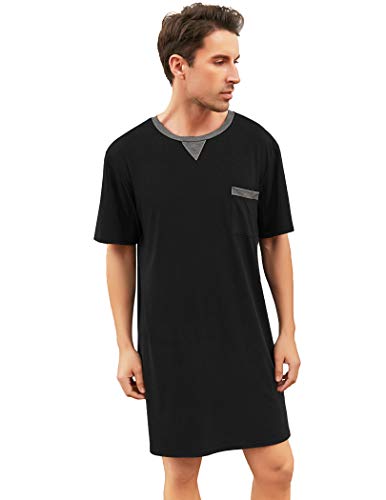 Enjoyoself Haut de Pyjama en Coton Doux et Respirant pour Homme, Longueur Genou, Chemises de Nuit à Manches Courtes, vêtements de Nuit, Type3-noir, L