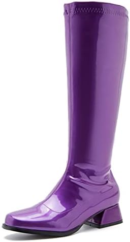 Enelauge Women's Go Go Boots Over The Knee Block Mid Heel Boots Square Toe Zipper Party Dance Shoes Purple 42-10.5 US