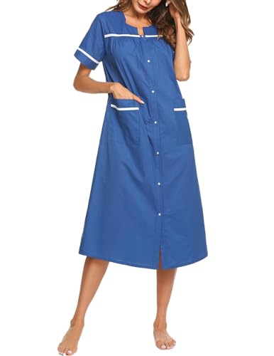 Image of Ekouaer Womens Snap Front Dusters Cotton Housecoat Short Sleeve Nightgown House Dress With Pockets