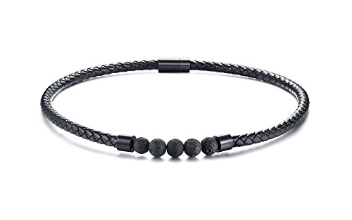 Mealguet Jewelry Black Braided Leather Chocker Necklace with Healing Lava Rock and Stainless Steel Magnet Closure for Men