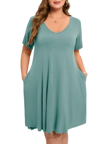 Image of ZENNILO Women's Plus Size Swing Dress with Pockets Casual Summer Dresses V Neck Short Sleeve T Shirt Dress for Women