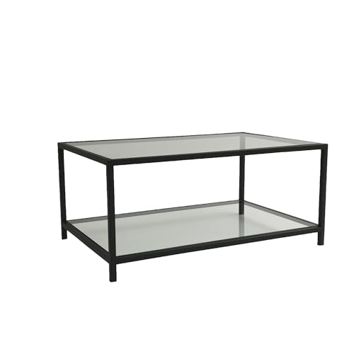 Modern Industrial Coffee Table, Fume & Black, 90 x 60 x 40 cm | 100% Tempered Glass Top, 4 mm | Sturdy Metal Frame | Stylish & Functional Design