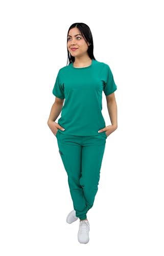 Kolorum Scrubs - Women Stretch Antifluid Jade Scrubs Set with Jogger Pants and Short-Sleeve Round Neck (X-Small)