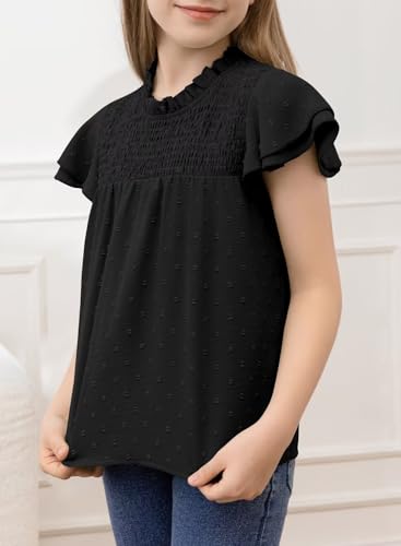 Image of DOKOTOO KIDS Girls Tops Short Sleeve Shirts Summer Blouse Size 6-15 Years | None Elastic Fabric, Ruffle Sleeve, Swiss Polka Dot, Smocked, Crew Neck, Key Hole Back, Dress Spring Outfit, Casual Tee