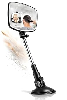 Foto di Specchio 360 gradi per taglio capelli con asta telescopica e ventosa I Specchio trucco e barba estensibile per vedere il dietro della testa I Ideale per rasatura corpo, depilazione schiena e self cut
