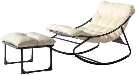 VINGLI Outdoor Rocking Chair with Ottoman, Comfortable Cushioned Lounge Chair for Indoor & Outdoor, Supports 400 LBS, White
