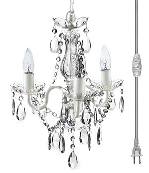 gypsy color The Original Brink House Plug-in 3 Light Crystal White Hanging Swag Chandelier H17”xW12”, White Metal Frame with Clear Glass Stem and Acrylic Crystals