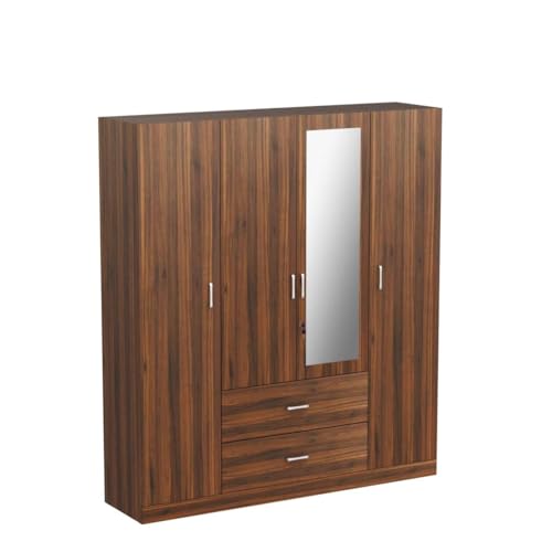 VIKI Wardrobe | Wooden Almirah for Clothes,Door for Bedroom, 4 Door Wardrobe with Drawer, Mirror & Hanging Space (Brussel Walnut - 40D x 160W x 180H) | 1 Year Warranty | Free Assembly