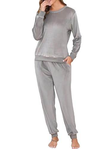 Wikoan Pigiama Donna Invernale Morbido Pile Set Pigiami Due Pezzi Set di Pigiami Loungewear Sleepwear con Tasche,Grigio,S