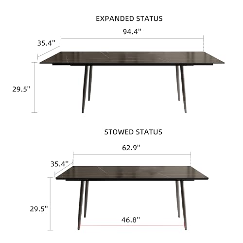 Extendable Dining Table (62.9" to 94.4") for 6 to 10 - Modern Rectangular Sintered Stone Table with High Hardness and Easy Maintenance - Stylish Black