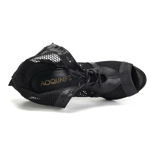 Image of AOQUNFS Women Ballroom Dance Shoes Lace-up Open Toe Ankle Boots Salsa Latin Dance Heels