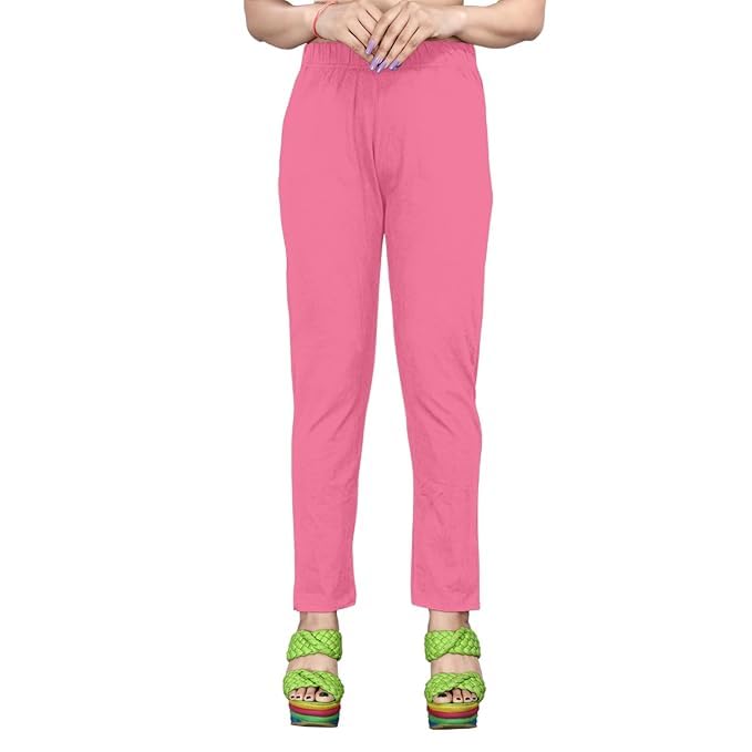 Image of Women's Solid Cotton Lycra Pants-High Waist Slim Fit Stretchable Leggings - Comfortable Long Trousers for Casual, Office & Everyday Wear
