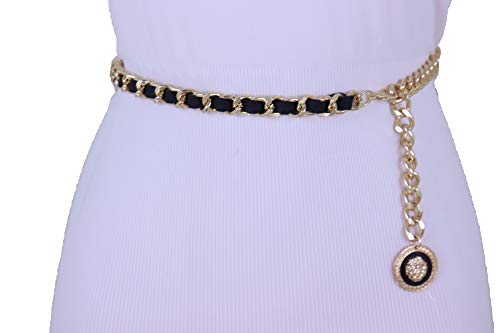 Women Fashion Belt Hip Waist Gold Metal Chain Links Black Fabric Band Lion Coin Medallion Charm XS S4