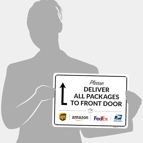 Image of Package Delivery Sign, Delivery Instructions Deliver All Package to Front Door Up Arrow Sign, 10x14 Inches, Rust Free .040 Aluminum, Fade Resistant, Made in USA