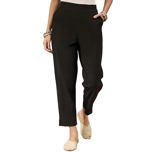 Image of D K W Women's Mid Rise Relaxed Fit Cotton Flex Trousers with Elastic Back & Drawstring - Ideal for Winter, Formal, Office & Casual Wear, Comfortable for Girls and Women