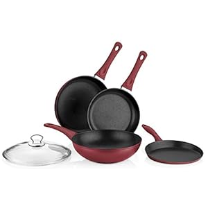Titanium Nonstick 5 Piece Wok and Fry Pan Set 4mm Forged Aluminum with PFOA Free Scratch-Resistant Coating from England, Dishwasher Safe (Red)