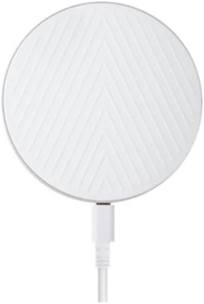 Fuq view of the Verizon Wireless Qi Fast Charging Pad, showing its circular white surface with a chevron pattern and an attached white USB cable.