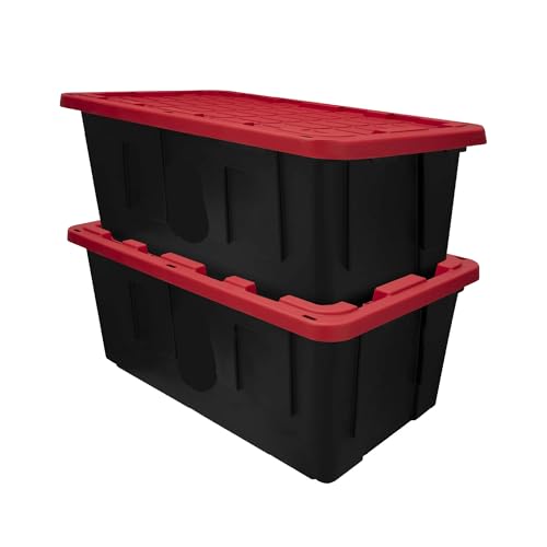 (Pack of 2) 40-Gallon Plastic Storage Container Bins with Secure Snap-Tight Lids Black and Red for Home Garage and Organization
