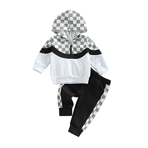 Image of Karesoull Toddler Boy Clothes Patchwork Sweatshirts Long Sleeve Tops Solid Pants Outfit Fall Winter Baby Hooded Clothe Set