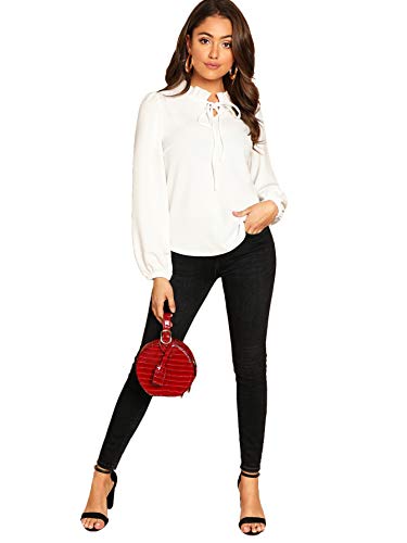 SheIn Women's Bow Tie Neck Ruffle Long Sleeve Elegant Shirt Blouse Top Large White