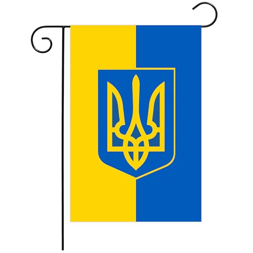 Ukrainian Garden Flag 12x18Inch We Stand With Ukraine Flag Ukraine Coat of Arms Banner Outdoor Decor Vivid Color All Weather Double Stitched with Sturdy Brass Ring. (E)