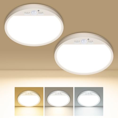zemty 18CM Lampada Plafoniera Led Soffitto con Sensore Di Movimento,3000k/4000k/6500k Luci Senza Filo da Interno,Rotonda Luci Led a Batteria,Per Bagno,Garage,Cucina,Cameretta,2 Unità