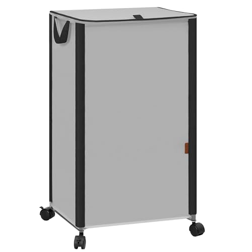 STORAGE MANIAC Rolling Laundry Hamper with Lid, 23.7 Gal (90 L) Large Tall Laundry Basket with Wheels & Handles, Aesthetic Dirty Clothes Hamper for Small Space, Dorm, Apartment, College, Gra