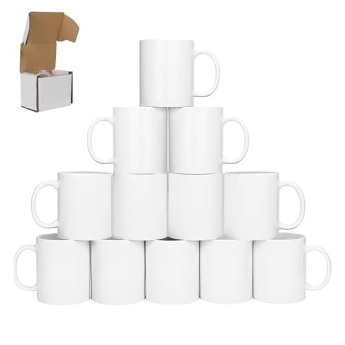Signzworld Ensemble de 12 Tasses Blanches de Sublimation Tasses à café Mugs à Sublimation en Céramique avec Boites Grande Poignée 325 ml