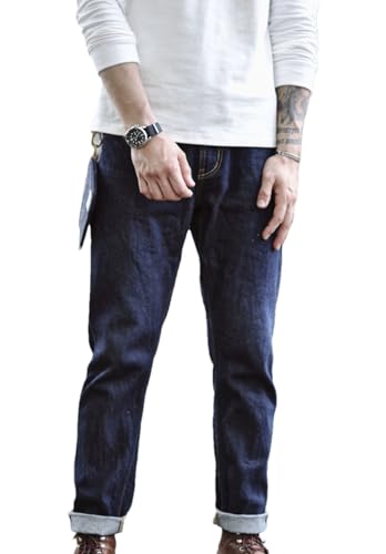 Men’S Casual Slim Fit Selvedge Sanforized Denim Full Length Jeans Zipper Fly Midweight Trousers