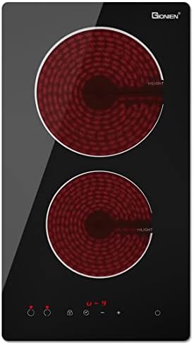 GIONIEN Electric Cooktop 2 Burners 220V~240V, Built-in 12 Inch Ceramic Cooktop, Double Glass Cooktop, Apartment Size Electric Radiant Cooktop with Hard Wire,3000W