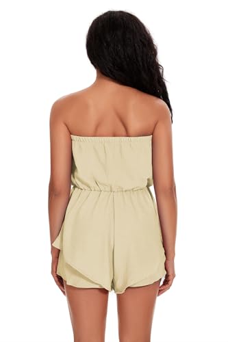 SYNEELIFE Women Dressy Romper Strapless Summer Casual Beach Flowy Rompers Cute Short Jumpsuits Apricot M — view 3