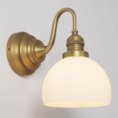 Image of Brass Gold Wall Sconce Vintage Milk Glass Bathroom Vanity Light | Bathroom Wall Sconces,Antique Brass,Thick Half-Round Glass Shade,Hardwired,E26 Base,for Bathroom Mirror Hallway Kitchen
