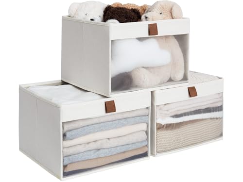 Image of StorageWorks Closet Storage Bins, Large Storage Baskets with Clear Window and Handles, Foldable Fabric Organizer for Clothes, Shelves, Beige, 3 Pack