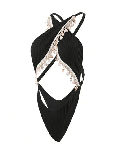 SOLY HUX Women's One Piece Swimsuits Halter Criss Cross Shell Fringe High Cut Bathing Suit Beachwear3