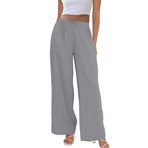Image of Duyang Womens Cotton Linen Palazzo Pants Drawstring Elastic Waist Casual Wide Leg Trousers with Pockets