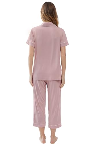 Image of Joyaria Bamboo Viscose Cooling Pajamas for Women Capri Button Front Pjs Set | Ideal for Night Sweats, Hot Sleeper Friendly, Breathable & Moisture Wicking, Short Sleeve Top