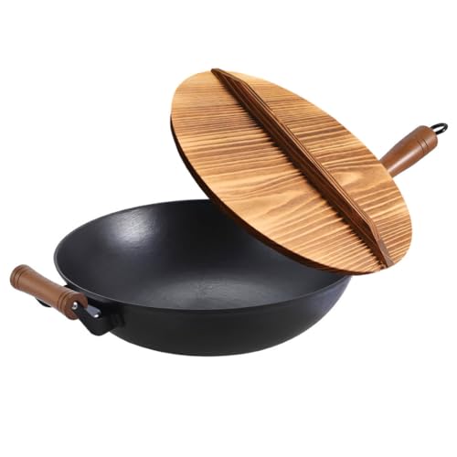 AIZYR Gietijzeren wok braadpan, diepe braadpan met deksel, Chinese wok voor het roeren, sauteren en voor soepen, gaswok, 36 cm
