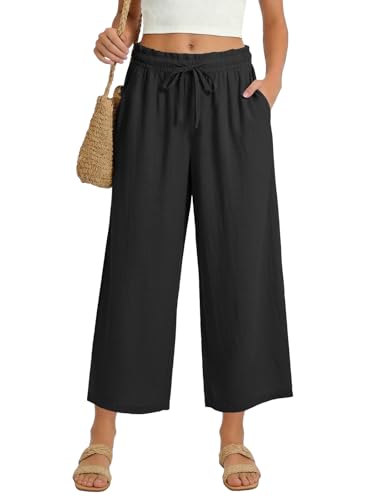 Muwodkdn Pantalon Lin Femme Été 3/4 Pantacourt Fluide Léger Taille Haute Elastique Jambe Large Ample Femme Pantalons Coton Bureau Chic et Elegant Palazzo...