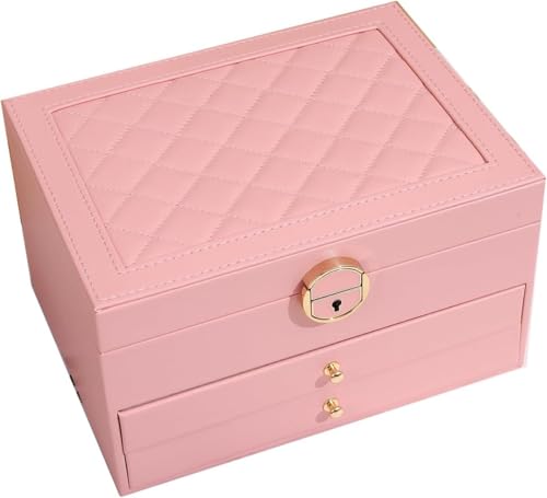 Image of Jewelry Box For Women Girl Wife 3 Layers Large Pu Leather Jewelry Organizer Storage Case With Two Drawers Display For Earrings Bracelets Rings Watches Design Jewelry Box, Jewelry Organizer (Pink)