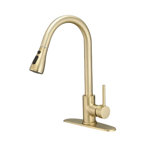 BESy Brass Single Handle Kitchen Faucet with Pull Down Sprayer,Rv High-Arc Kitchen Sink Faucet With Pull Out Sprayer,Single Lever 3 Function Laundry Room Faucet,Brushed Gold (1 or 3 Hole)
