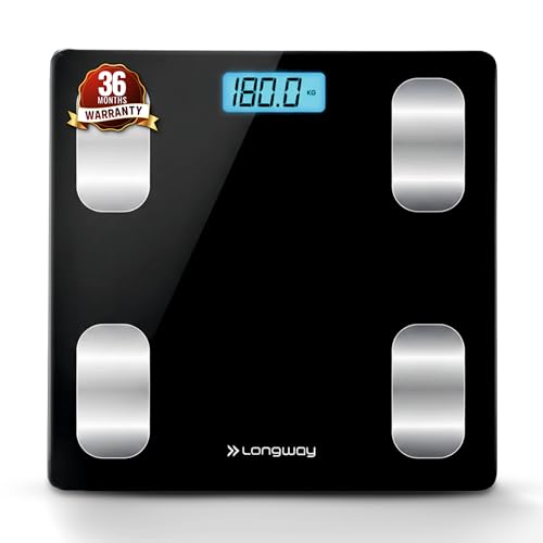 Image of Longway Weight Machine for Home | Digital Bathroom Scale for Human Body Weight Measurement | Extra Thick Tempered Glass with LCD Display | 3 Years Warranty (Black | Max Weight 180Kgs | Core)
