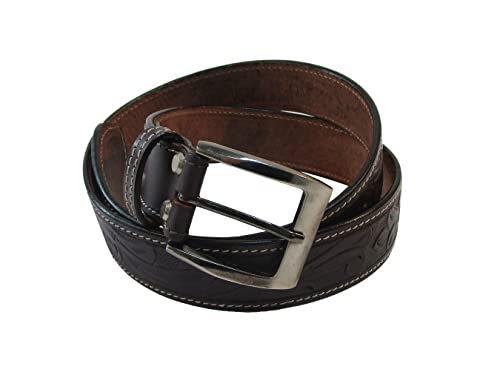 MENS LEATHER BELT FLORAL TOOLED WORK CASUAL OFFICE WEAR BROWN BELTS FOR MEN (46 in)