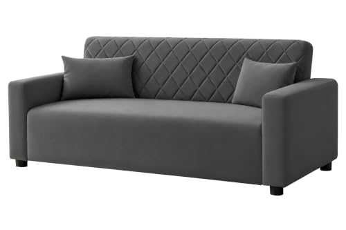Image of Rosebell 3 Seater Wooden Sofa for Living Room, Modern Fabric Upholstered Sofa with Quilted Backrest, Cushioned Seating, Padded Armrests & Sturdy Wooden Frame - Grey
