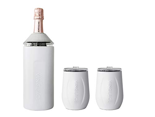 Vinglacé Wine Bottle Chiller Gift Set with 2 Stemless Glasses White