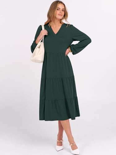 Image of ANRABESS Women's Long Lantern Sleeve Floral Midi Dresses 2026 Fall V Neck Casual Flowy A-line Tiered Boho Vacation Dress